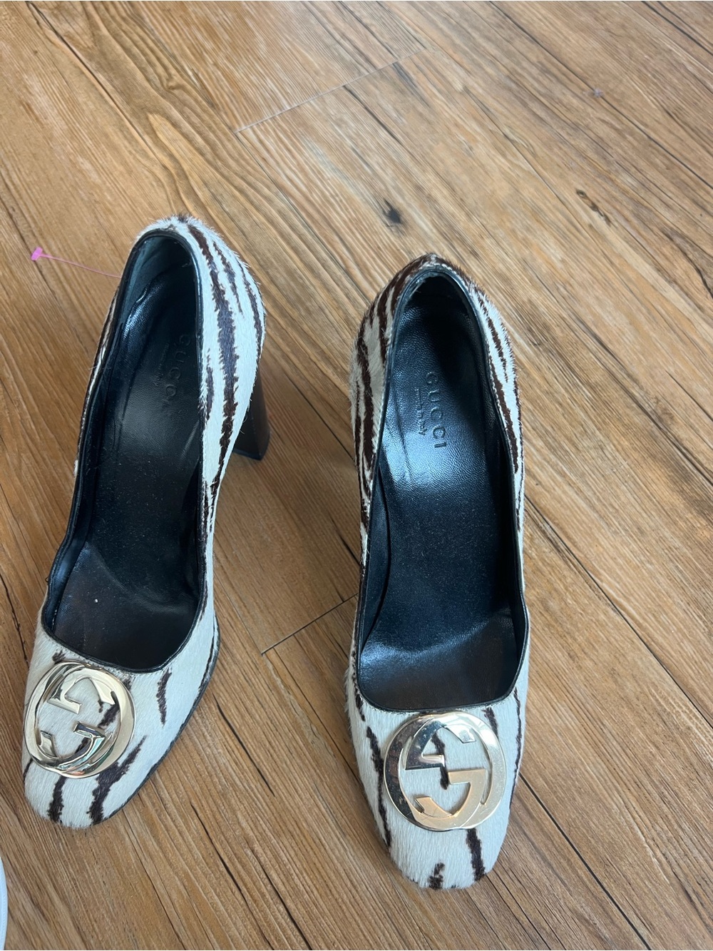 Gucci Zebra-Print Brown and White Heel Pumps with Gold GG Medallion